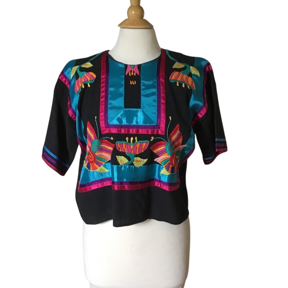 Vintage 70’s Irene Pulos Hand Embroidered Mexican Festive Cotton Shirt Top